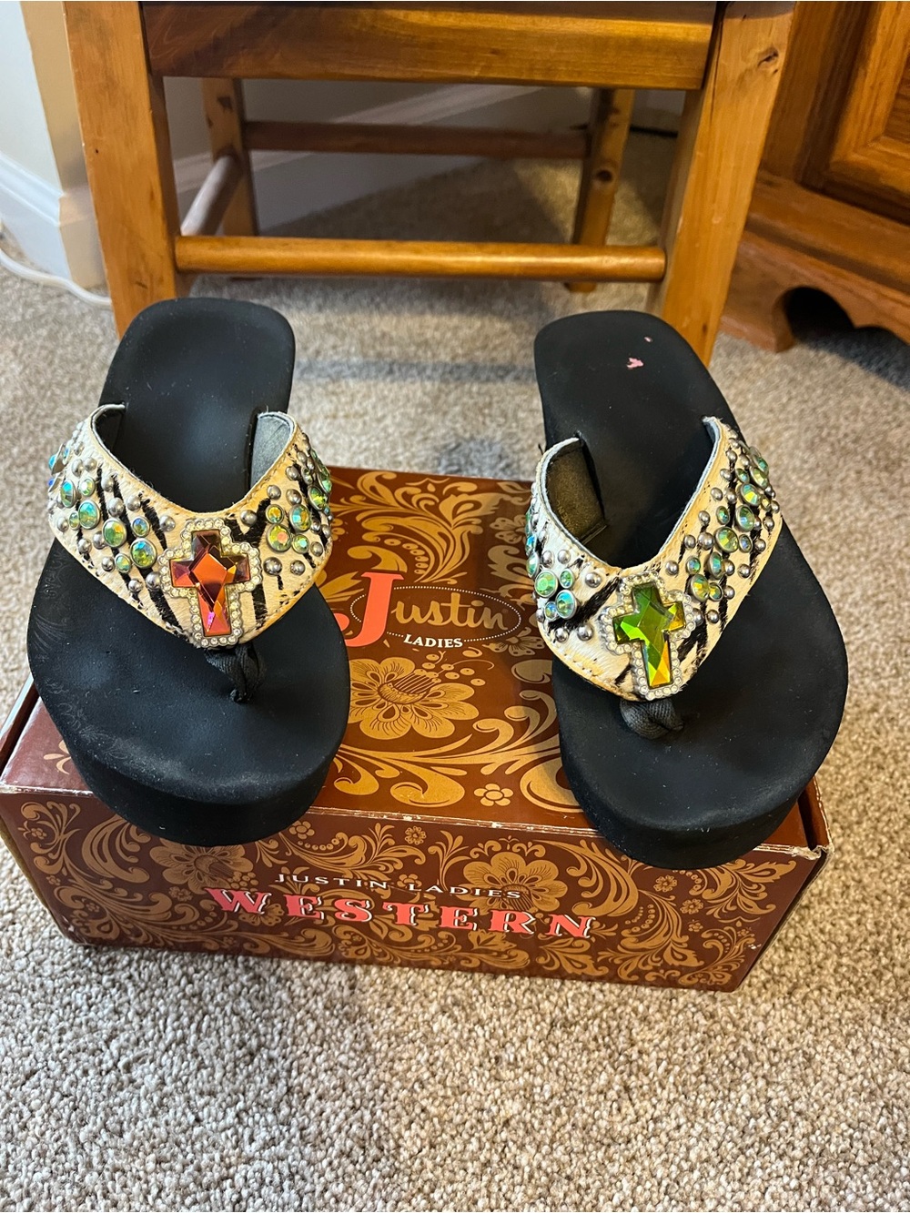 Justin Boots Black Wedge Sandals with Jeweled Cross Accents and Zebra print
